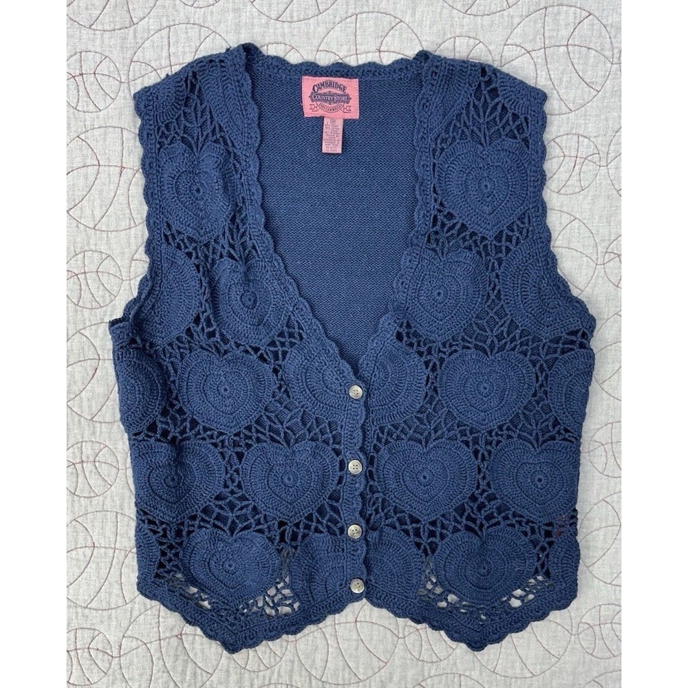 VTG Cambridge Dry Goods Blue Crochet Vest Womens M Boho Button Front Cotton Lace